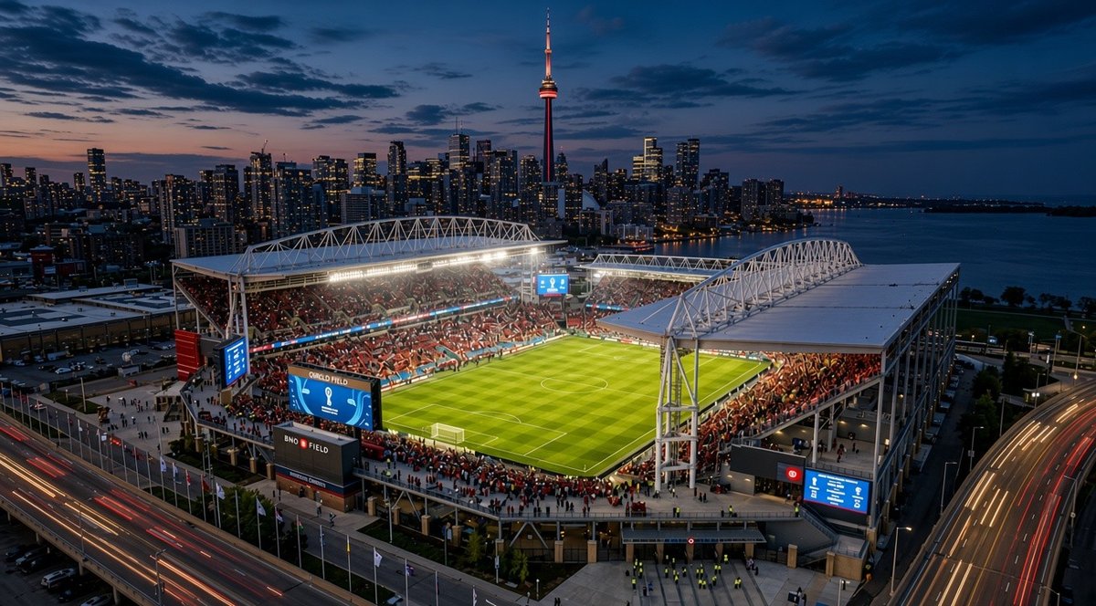 Night aerial of a packed BMO Field with the CN Tower and Toronto skyline behind it, FIFA World Cup branding on the stadium screens