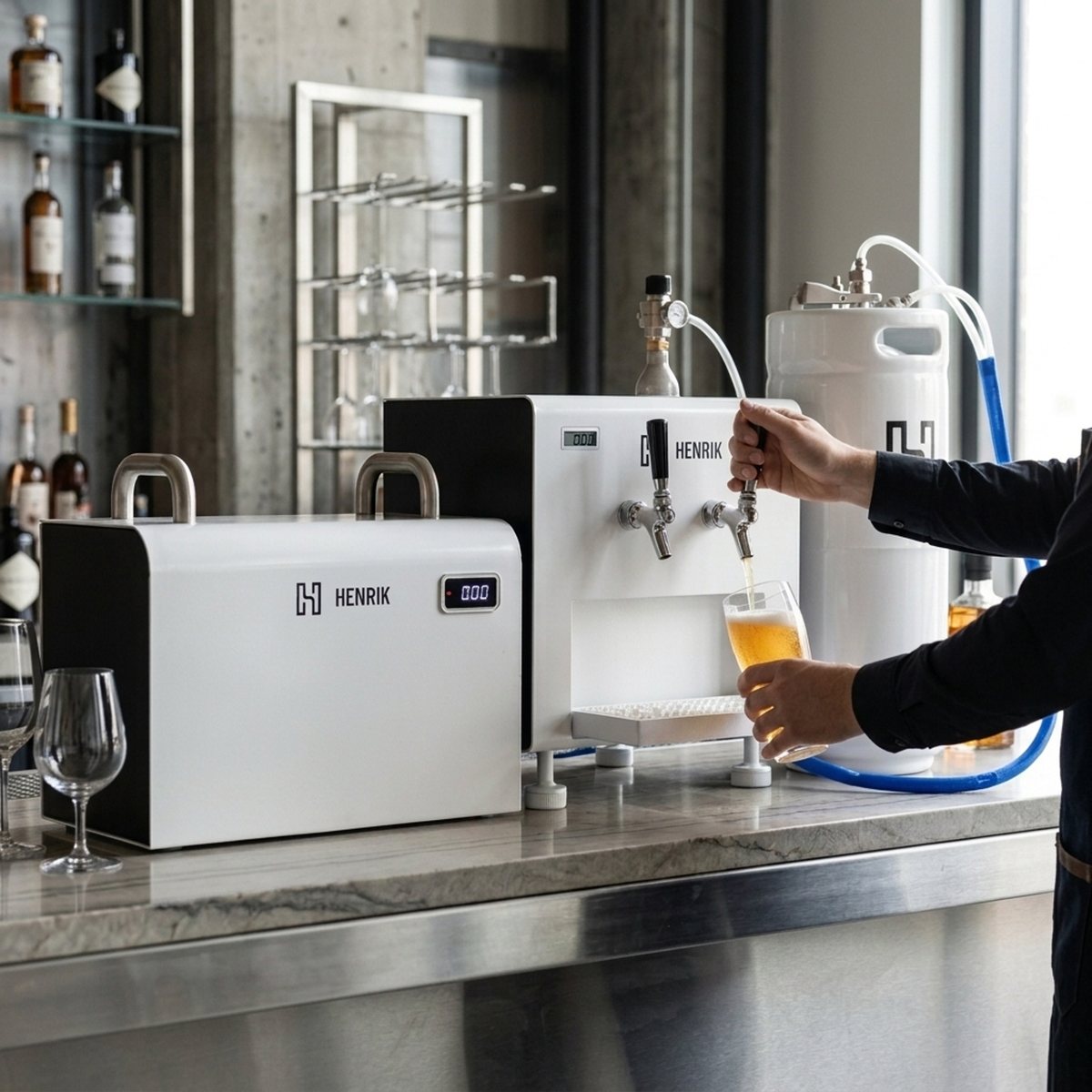 H4 pouring a beer on a bar top with the chiller beside it and a keg behind