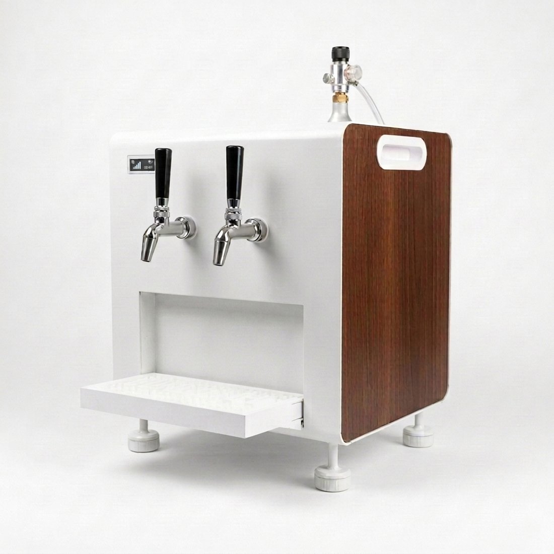 H4 tap unit three-quarter view showing the walnut side panel and cut-in carry handle