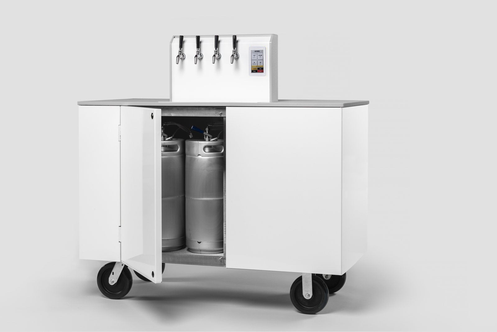 H1 mobile cart with the cabinet door open, kegs inside