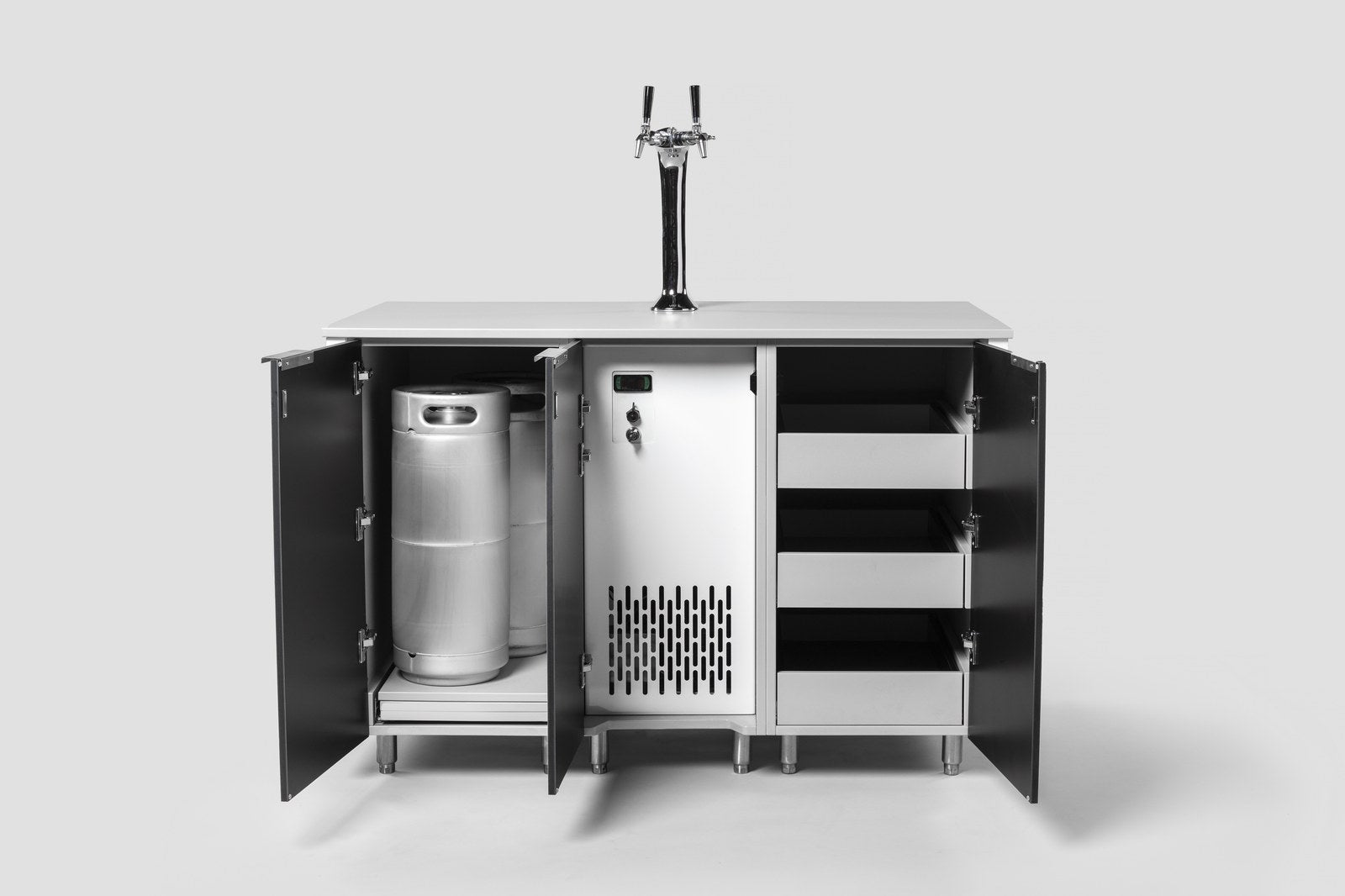 H3 cabinet open, showing the chrome tower, chiller and kegs inside